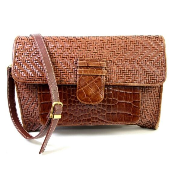 BRIO! BROWN CROCO BRAIDED GENUINE LEATHER ENVELOPE CLUTCH SHOULDER BAG HANDBAG - Picture 3 of 12